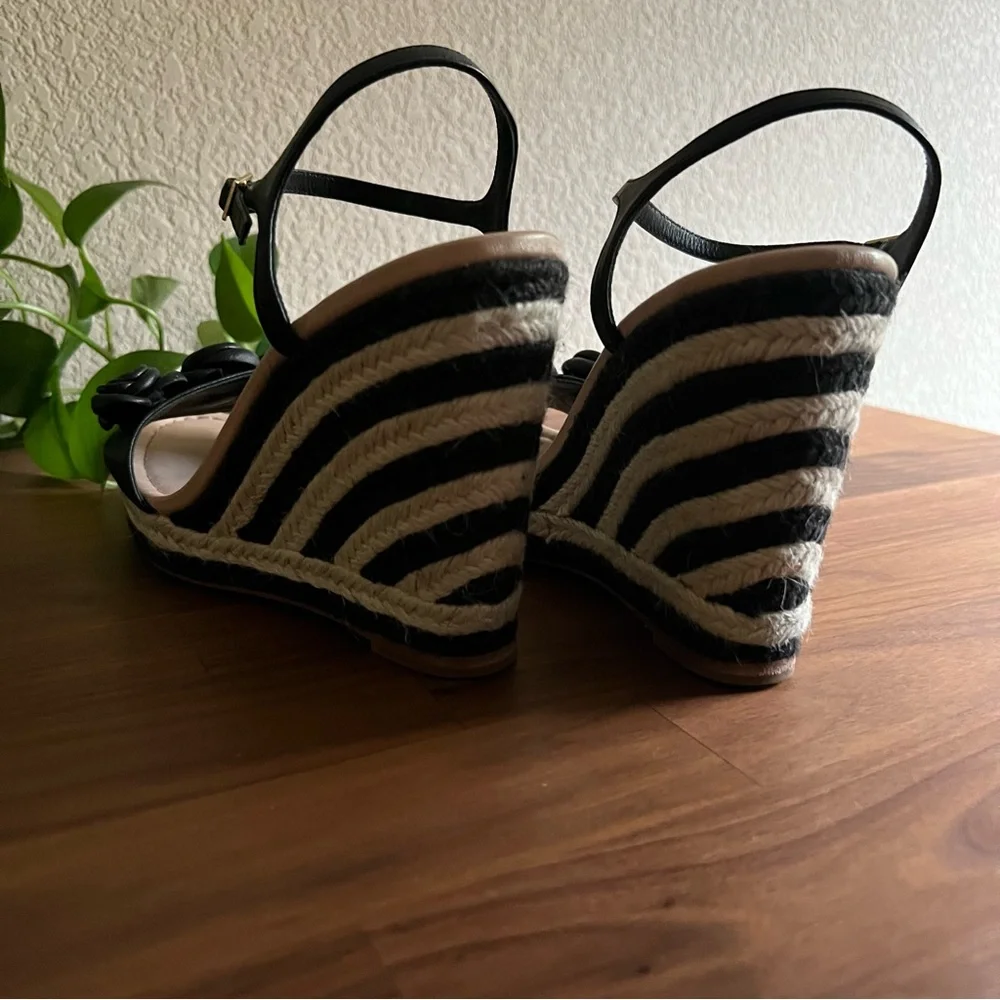 Kate Spade New York Jill Rosette Black Cream Espadrille Platform Wedge Sandals